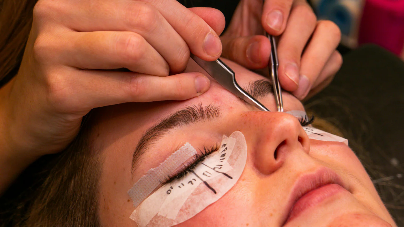 Woman receiving professional eyelash services